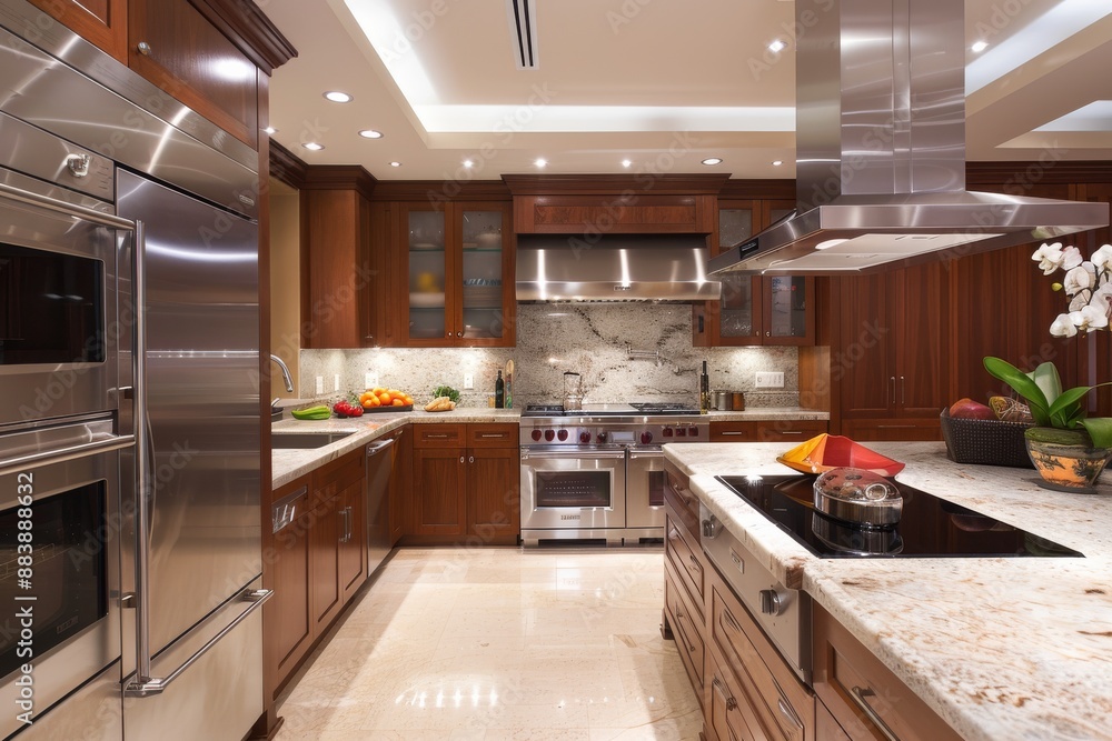 Fototapeta premium A contemporary kitchen featuring sleek stainless steel appliances and a large marble island with a modern stovetop