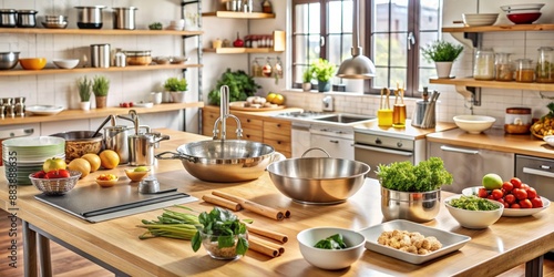 A clean and organized kitchen setup with utensils and ingredients laid out on countertops, awaiting the preparation of a culinary dish, with mixing bowls and tools ready. © Man888