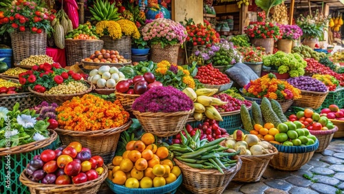 Vibrant arrangement of fresh fruits and vegetables on colorful stalls, adorned with beautiful flowers, baskets, and woven textiles, at an early morning market scene.