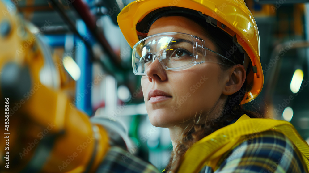 Stylish and attractive woman engineer working in an oil gas plant, inspecting the pipes with safety glasses while wearing a yellow helmet, Stylish and attractive woman engineer working in an oil gas plant, inspecting the pipes with safety glasses while wearing a yellow helmet,