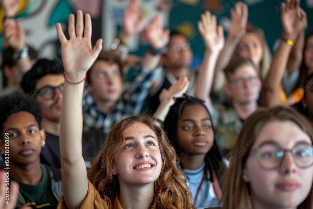 A group of diverse students raise their hands to answer a question in a classroom, with copy space on the right A group of diverse students raise their hands to answer a question in a classroom, with copy space on the right