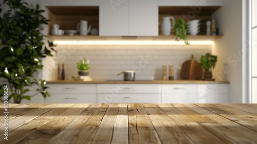 Modern kitchen with white cabinetry blurred, wooden table in front, cozy and stylish