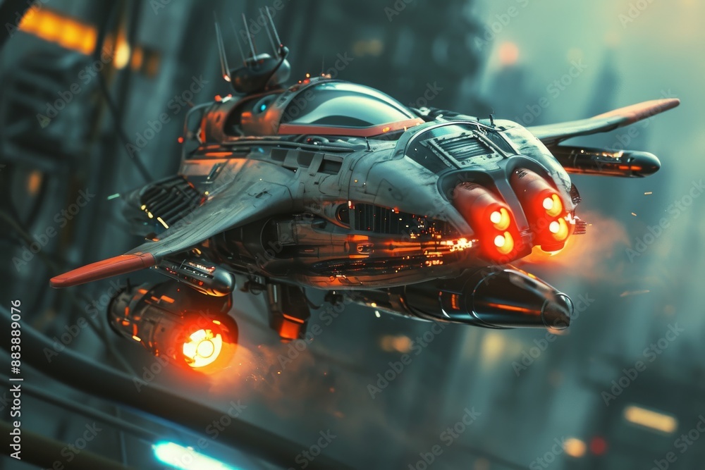 Fototapeta premium Sci-fi personal jetpack system for personal transportation, AI generated