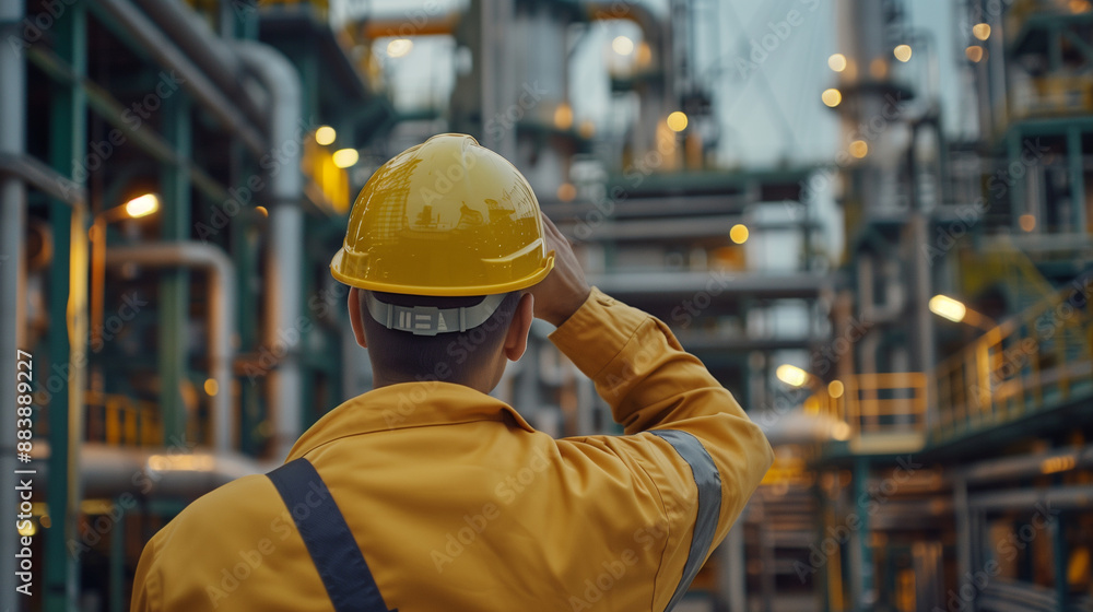 Handsome engineer wearing a helmet, saluting and looking at the oil production plant. A male worker in uniform working on an industrial project for natural gas processing or sequev Handsome engineer wearing a helmet, saluting and looking at the oil production plant. A male worker in uniform working on an industrial project for natural gas processing or sequev