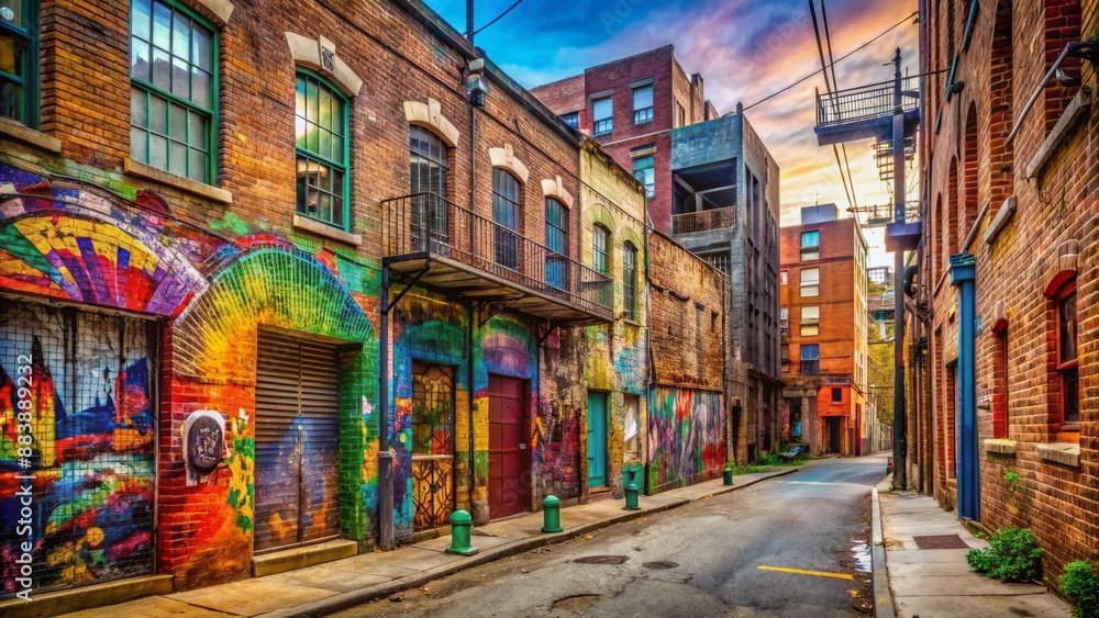 Naklejka premium Vibrant urban streetscape with graffiti-covered buildings, colorful paint signs, and eclectic street art adorning worn brick walls and rusty metal gates.