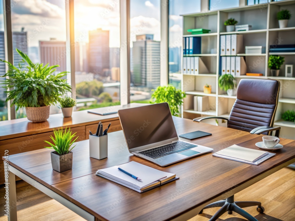 A modern executive desk with an open laptop, surrounded by papers and office supplies, conveying a sense of professionalism and busy productivity. A modern executive desk with an open laptop, surrounded by papers and office supplies, conveying a sense of professionalism and busy productivity.
