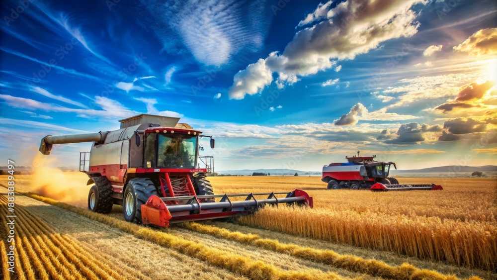 Obraz premium Vast open fields stretch beneath a massive harvesting machine, attached to a tractor, gathering crops under a vast expansive blue cloudless sky on a sunny day.