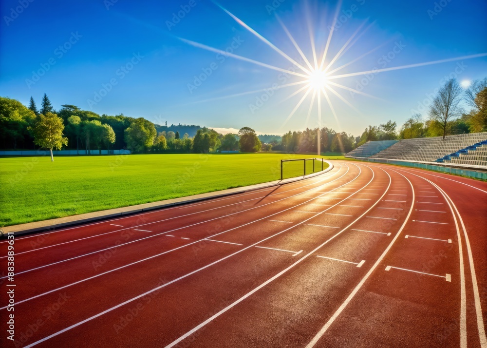Empty running track at a sunny stadium, lanes marked with lines and numbers, awaiting an athlete, with a clear blue sky and lush green grass surroundings. Empty running track at a sunny stadium, lanes marked with lines and numbers, awaiting an athlete, with a clear blue sky and lush green grass surroundings.