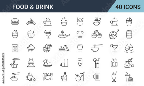 Food and Drink Line Editable Icons set. Such as wine, champagne, beer, whisky, cocktail, glass. Restaurant icon set suitable for info graphics, websites and print media.