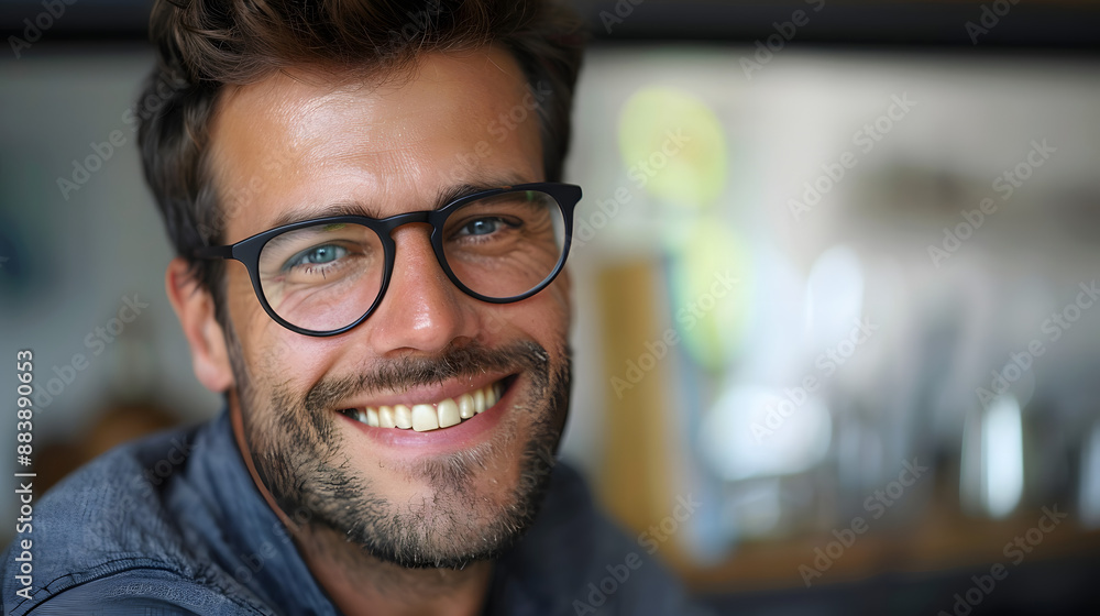 Close-up photo portrait of young successful entrepreneur, businessman investor wearing glasses at workplace smiling and looking at camera Close-up photo portrait of young successful entrepreneur, businessman investor wearing glasses at workplace smiling and looking at camera
