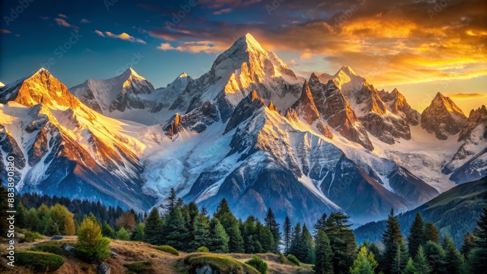 Φωτογραφία Serene mountain landscape featuring majestic snow-capped peaks bathed in warm golden light of sunset, set against a backdrop of crystal-clear blue sky