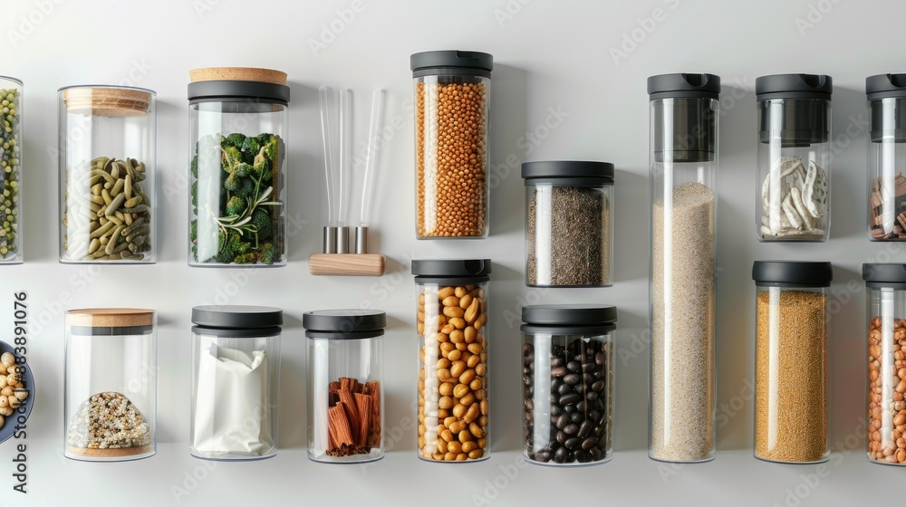 Assorted kitchen containers on white background, stylish and minimalist storage solutions Assorted kitchen containers on white background, stylish and minimalist storage solutions