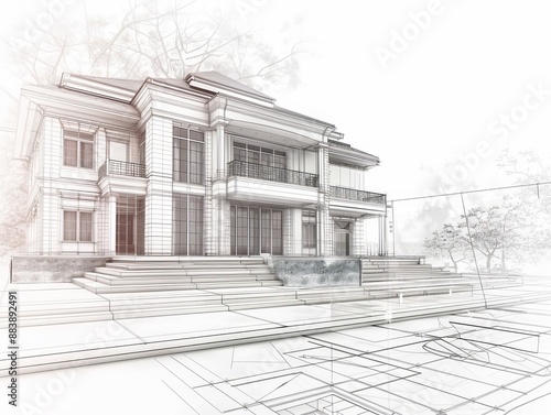 Mixed realistic and wireframe banner for home exterior renovation contractor service