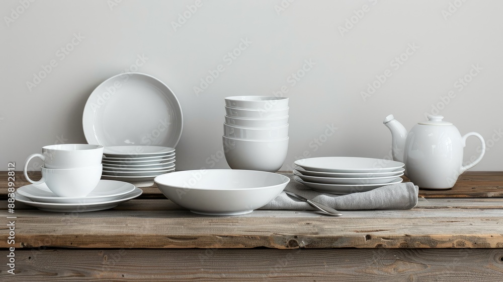 Fototapeta premium Clean dishware assortment on wooden table, simple white background, minimalist design