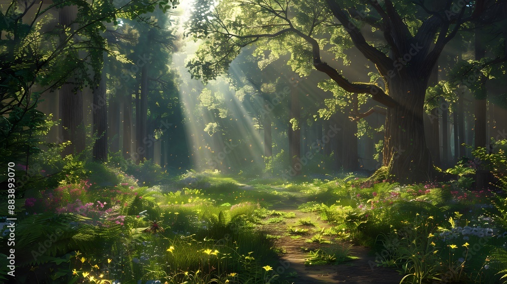 Obraz premium Enchanting forest clearing with dappled sunlight filtering through dense trees, creating a serene and magical ambiance. 