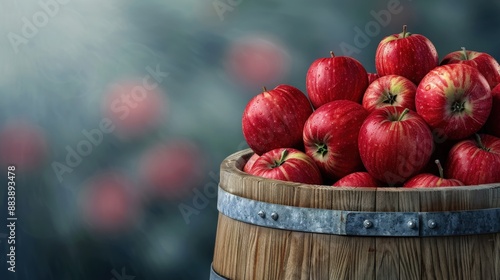 A wooden barrel of apples in an orchard photo