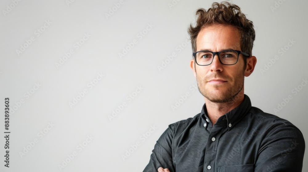 Portrait of a confident businessman with glasses, standing against a white background in an office. Web banner with copy space Portrait of a confident businessman with glasses, standing against a white background in an office. Web banner with copy space