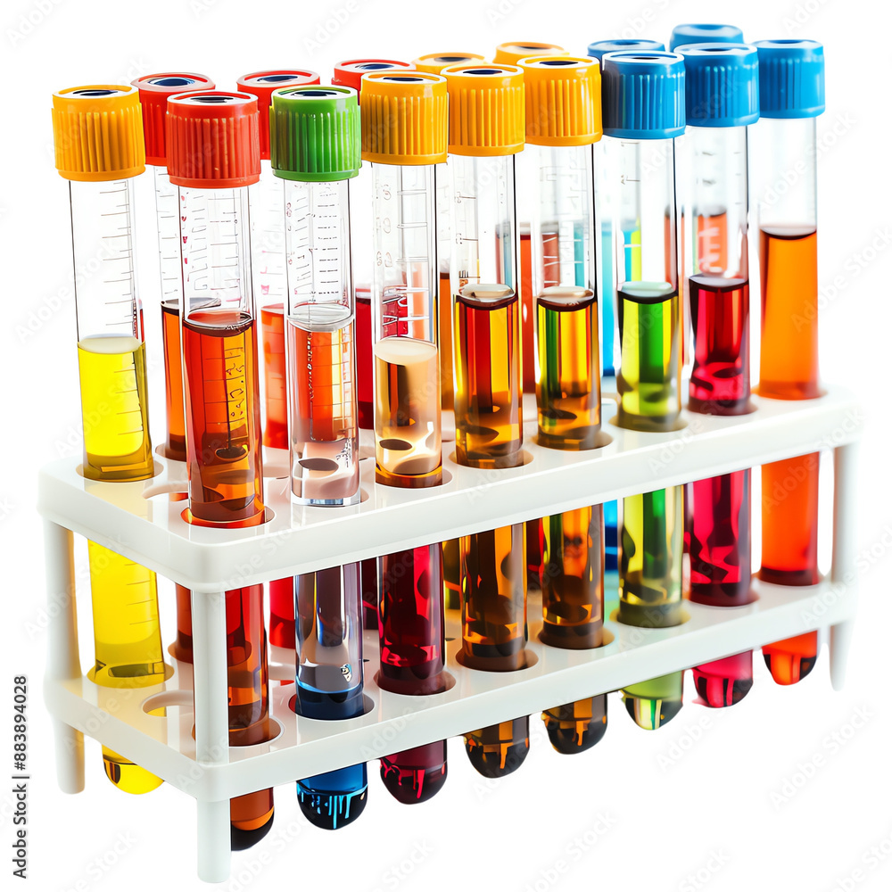 Colorful test tubes filled with various liquids in a white rack, representing scientific experiments and research in a laboratory setting. Colorful test tubes filled with various liquids in a white rack, representing scientific experiments and research in a laboratory setting.