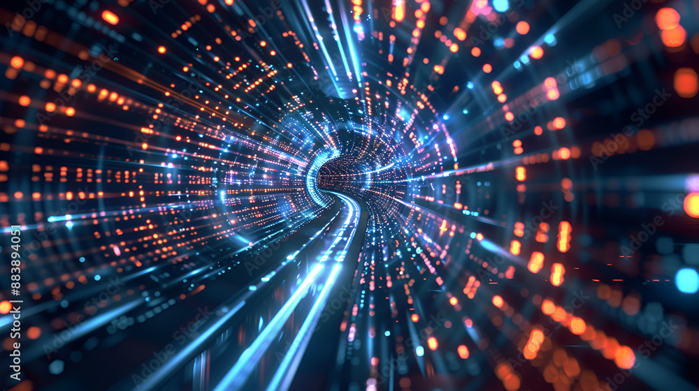 A futuristic digital tunnel with glowing blue and orange lights A futuristic digital tunnel with glowing blue and orange lights