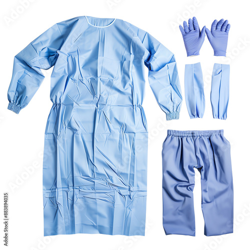 Complete set of blue disposable medical protective clothing, including gown, gloves, pants, and arm covers on white background.
