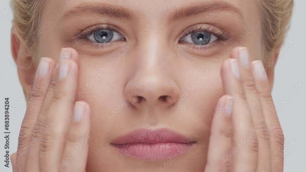 Studio portrait of young, beautiful and natural blond woman applying skin care cream. Face lifting, cosmetics and make-up concept. Studio portrait of young, beautiful and natural blond woman applying skin care cream. Face lifting, cosmetics and make-up concept.