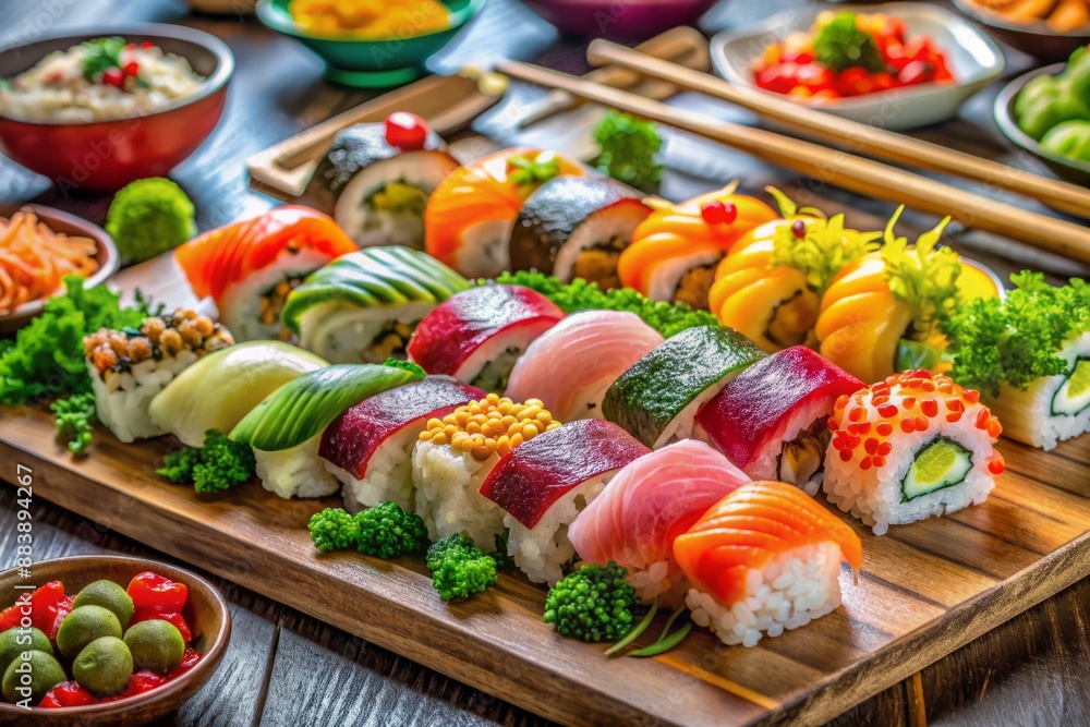 Vibrant sushi rolls and sashimi artfully arranged on a clean counter, surrounded by colorful ingredients and precise utensils, evoke a sense of culinary excellence. Vibrant sushi rolls and sashimi artfully arranged on a clean counter, surrounded by colorful ingredients and precise utensils, evoke a sense of culinary excellence.