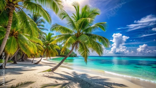 Wallpaper Mural Sunny summer day tropical beach landscape with turquoise waters, swaying palm trees, and soft white sand, perfect for relaxation and tranquility, 300 dpi. Torontodigital.ca