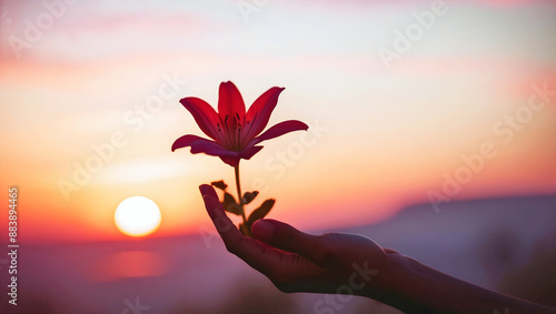 Obraz na płótnie Closeup of hand holding beautiful flower at sunset, sun and sky background, love and romance, nature template, copy space area, w salonie