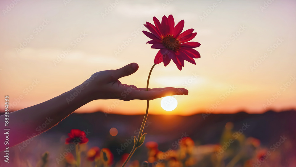 Closeup of hand holding beautiful flower at sunset, sun and sky background, love and romance, nature template, copy space area,