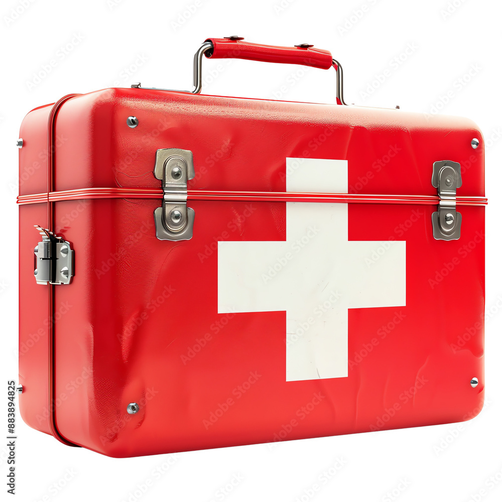 Red first aid kit suitcase with a white cross symbol, used for emergency medical supplies and safety equipment, isolated on a white background. Red first aid kit suitcase with a white cross symbol, used for emergency medical supplies and safety equipment, isolated on a white background.