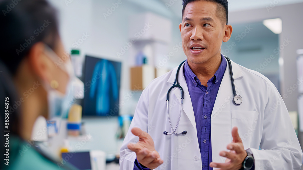 Asian doctor in white lab coat and patient in hospital discussing health concerns, emphasizing medical care, diagnosis, and patient interaction. Asian doctor in white lab coat and patient in hospital discussing health concerns, emphasizing medical care, diagnosis, and patient interaction.