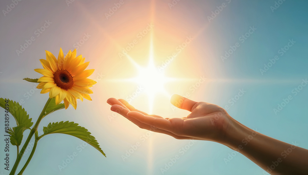 Closeup of hand holding beautiful flower at sunset, sun and sky background, love and romance, nature template, copy space area,