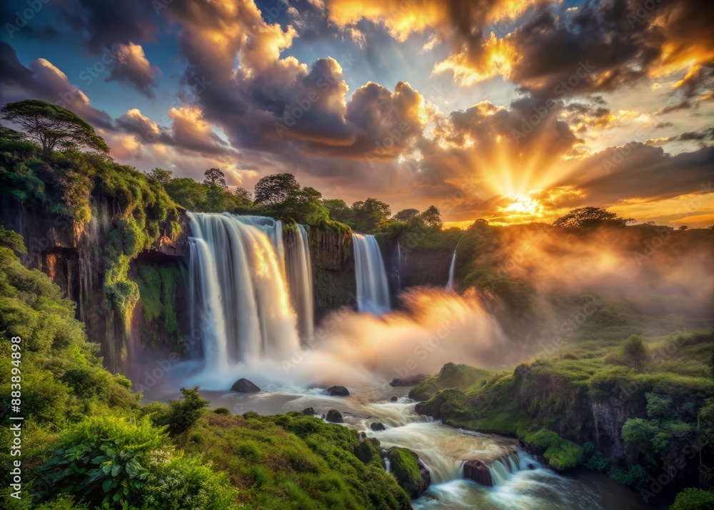 Fototapeta premium Dramatic sunset scene featuring a massive waterfall flowing in reverse, defying gravity, amidst misty clouds and lush greenery in a surreal, mystical atmosphere.