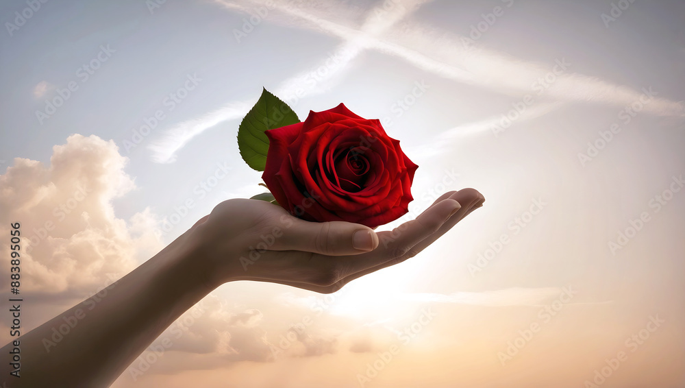 Closeup of hand holding beautiful flower at sunset, sun and sky background, love and romance, nature template, copy space area,