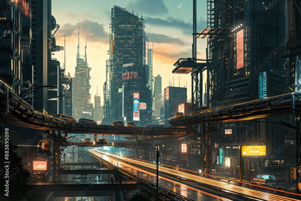 An urban cityscape dominated by self-driving cars, AI generated An urban cityscape dominated by self-driving cars, AI generated
