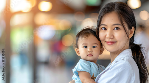 Happy Asian Korean mother holding her son outdoor on a blurred background. Happy motherhood, family concept. Mother's day. Copy space.