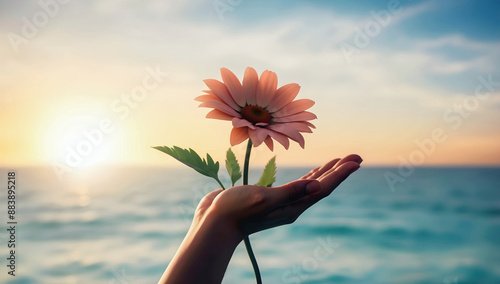 Obraz na płótnie Closeup of hand holding beautiful flower at sunset, sun and sky background, love and romance, nature template, copy space area, w salonie