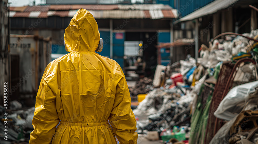 Obraz premium Person In Yellow Protective Suit Walking Through Trash Filled Urban Alleyway