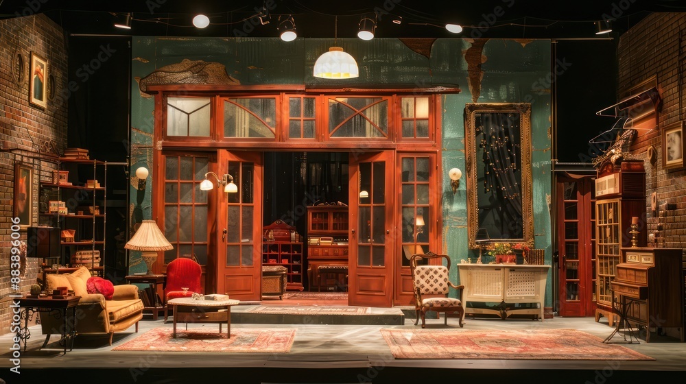 Studio set with props and furniture for a theatrical performance. Studio set with props and furniture for a theatrical performance.
