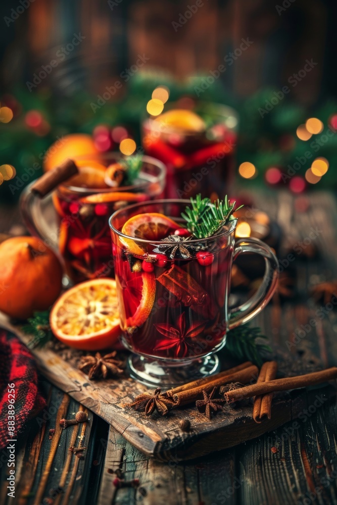 Close-up of Christmas mulled red wine, beautifully arranged with aromatic spices and citrus fruits on a rustic wooden table. Close-up of Christmas mulled red wine, beautifully arranged with aromatic spices and citrus fruits on a rustic wooden table.