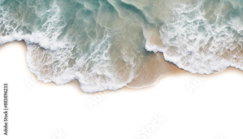 Fototapeta Naklejka Na Ścianę i Meble -  Top view of ocean waves crashing on a sandy beach, with turquoise water and white foam isolated on transparent background 