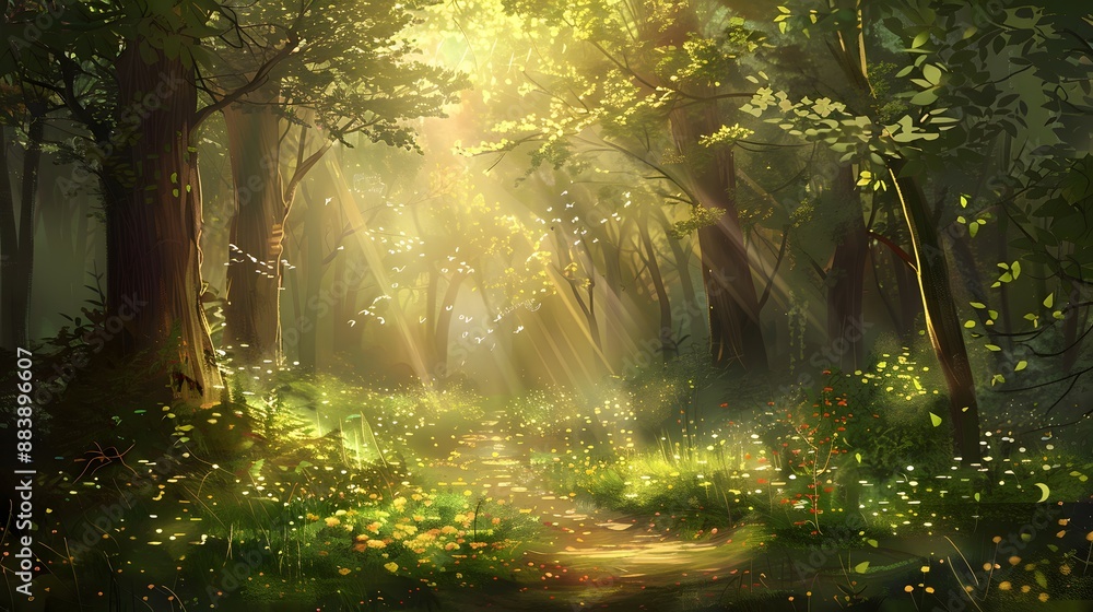 Fototapeta premium Enchanting forest clearing with dappled sunlight filtering through dense trees, creating a serene and magical ambiance. 