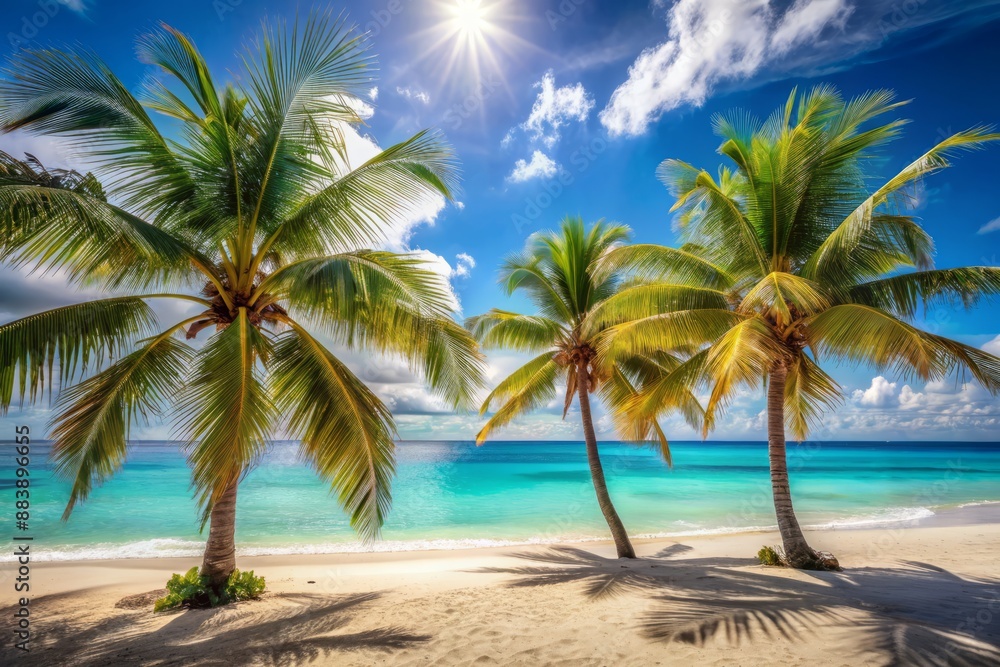 Warm sunny beach scene with palm trees and turquoise ocean, perfect for retirement and travel concepts, featuring empty copy space for your text or design. Warm sunny beach scene with palm trees and turquoise ocean, perfect for retirement and travel concepts, featuring empty copy space for your text or design.