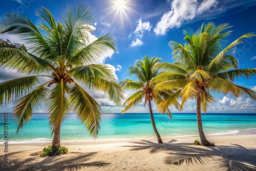 Warm sunny beach scene with palm trees and turquoise ocean, perfect for retirement and travel concepts, featuring empty copy space for your text or design. © Man888