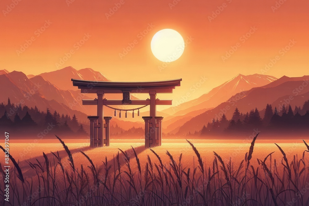 Anime style featuring a traditional Japanese Torii gate at sunset, set in a serene field with tall grasses, with silhouetted mountains in the background – Generated Image Anime style featuring a traditional Japanese Torii gate at sunset, set in a serene field with tall grasses, with silhouetted mountains in the background – Generated Image