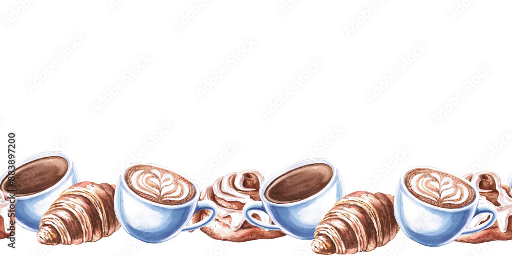 Seamless border with cups of cappuccino, black coffee, croissant and cinnamon bun.Hand drawn watercolor on the theme of cafe, baking, for illustration of cookbooks, magazines, print on fabric. Seamless border with cups of cappuccino, black coffee, croissant and cinnamon bun.Hand drawn watercolor on the theme of cafe, baking, for illustration of cookbooks, magazines, print on fabric.