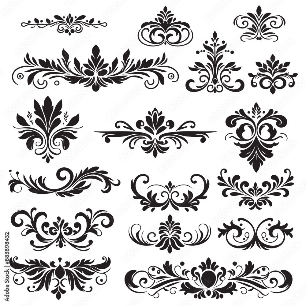set of elements frame with floral ornament black silhouette vector set of elements frame with floral ornament black silhouette vector