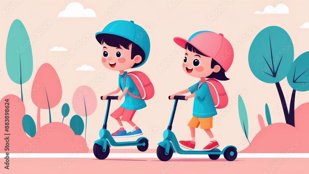 Funny little kid riding kick scooter.