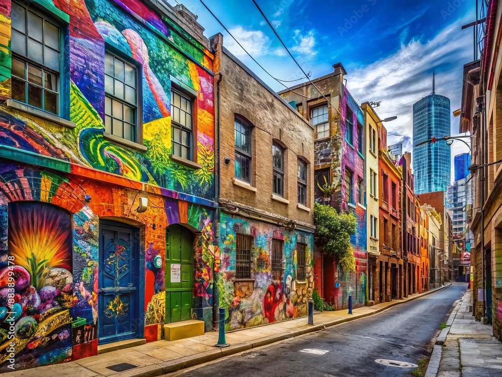 Naklejka premium Vibrant urban streetscape featuring graffiti-clad buildings, colorful paint signs, and eclectic street art, capturing the essence of city's rebellious and creative spirit.
