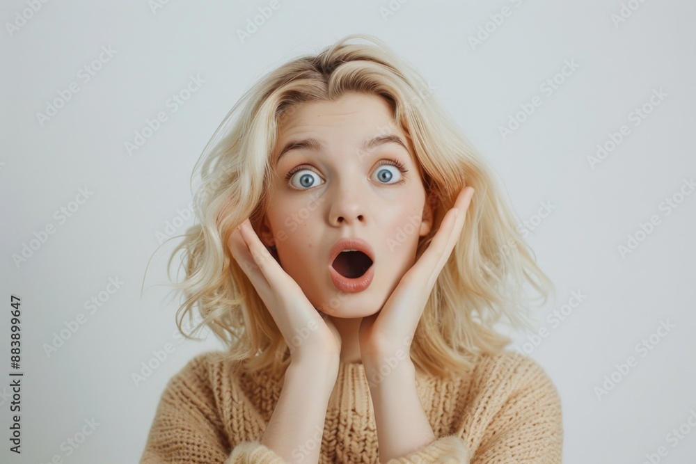 Surprised young woman with blonde hair expressing shock with wide eyes and open mouth against a plain background. Surprised young woman with blonde hair expressing shock with wide eyes and open mouth against a plain background.